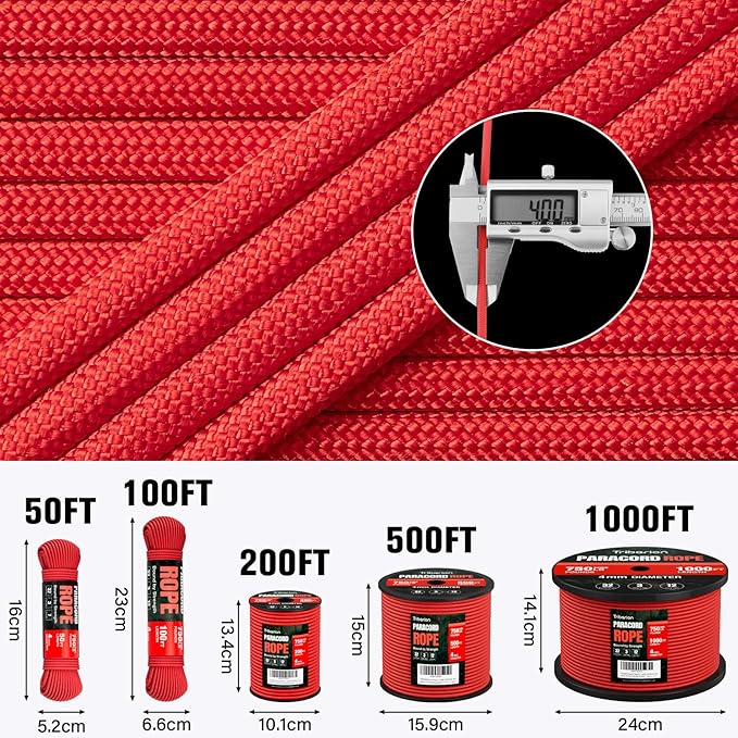 Paracord Rope 750 lb - 1000ft 5/32" Parachute Cord 4MM 12-Strand para Cord - Heavy Duty Spool String for Survival,Camping Gear, Survival Bracelet, Clothesline - Red
