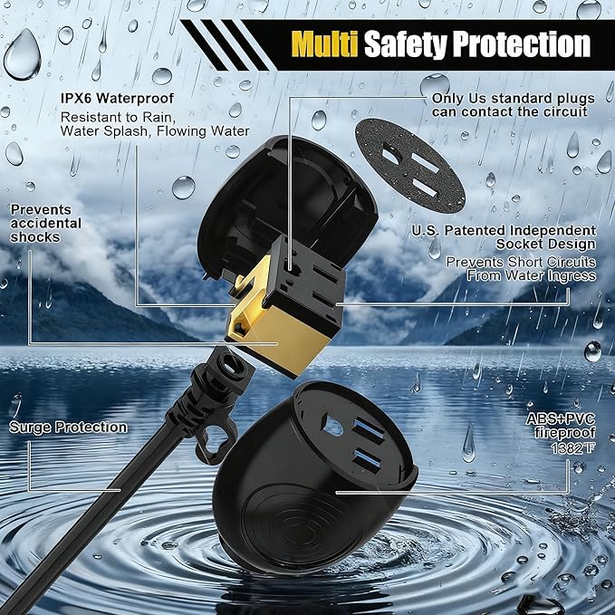 Blackcow Outdoor Power Extension Cord,25 Ft,IPX6 Waterproof, Cold Weather & Fireproof, Heavy Duty 3 Prong Cable,18AWG 125V 10A,FCC/ETL Certified for Outdoor/Indoor Use