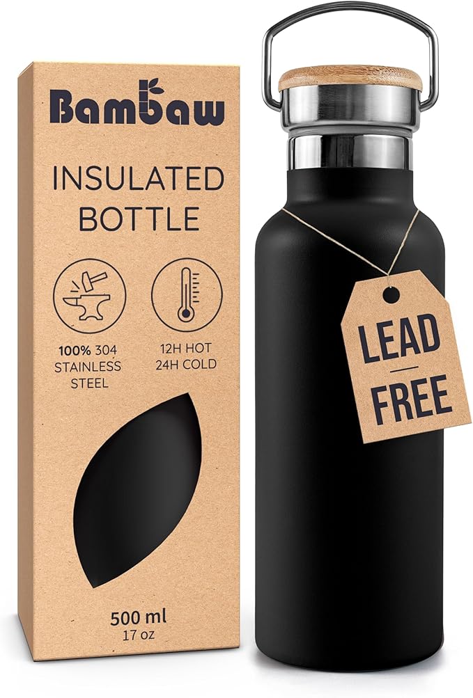 Bambaw 16 oz Stainless Steel Water Bottle, Metal Water Bottle Insulated, Easy to Clean & Carry, Great for Travel, School & Gym, Made of High-Grade Stainless Steel (Jet Black)