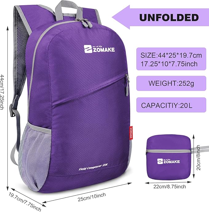 ZOMAKE Lightweight Packable Backpack 20L, Foldable Backpacks Small Daypack for Hiking Water Resistant Day Bag for Travel(Purple)