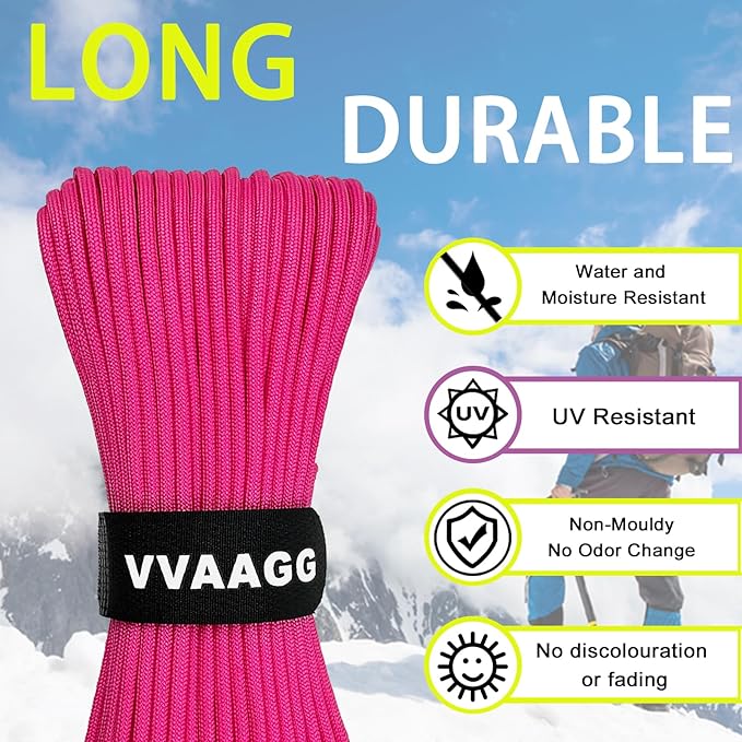 VVAAGG 1000 Paracord Rope 100FT Parachute Cord 4mm 12 Strand Nylon Rope for Camping Tent Clothsline Outdoor Hiking Fishing (Pink, 100FT)