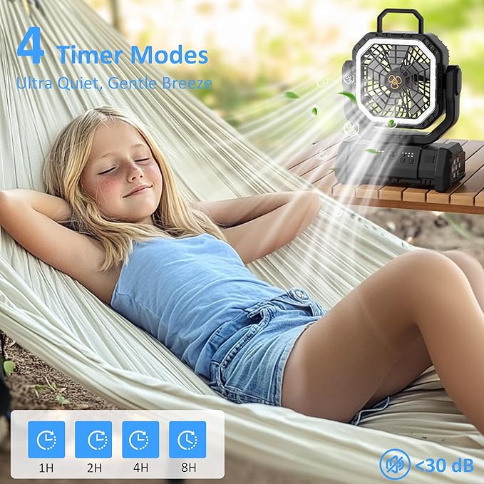 Portable Fan Rechargeable, 20000mAh Cordless Battery Powered Camping Fan with LED Light & Remote, 4 Speeds Wind, Timer, USB C, Hanging Hook, Oscillating Fans for Travel Tent, Camping Essentials