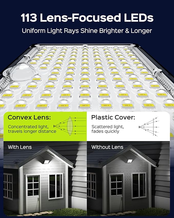 JACKYLED Solar Lights Outdoor Waterproof, Motion Sensor Flood Light 113 LED Bright Cool White Dusk to Dawn Solar Powered Outdoor Lights for Backyard Porch Garden Patio Garage (3 Pack)