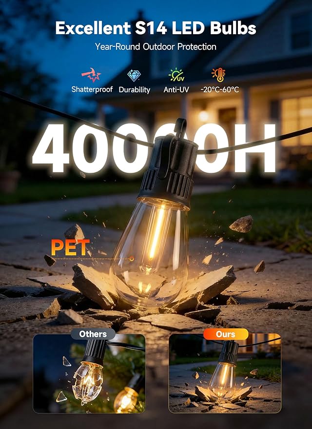 Minetom 203FT Outdoor String LED Patio Lights Waterproof,65 Shatterproof S14 Vintage Edison Bulbs,Commercial Grade Outside Hanging Lights Waterproof for Porch Deck Garden Backyard Balcony Cafe Bistro