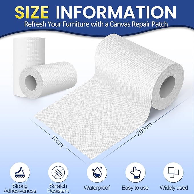Self-Adhesive Canvas Repair Tape, 4" x 79" Waterproof Canvas Repair Patch, Fabric Patch Repairs Kit for Furniture, Tents, Sunbrellas, Boat Covers Awnings, Couches, Clothes, Bags White
