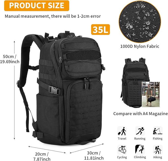 HUNTVP Tactical Backpack for Men 35L Military Backpack MOLLE 1000D Army Daypack 3 Day Bug Out Bag for Work Camping Hiking Outdoor, Black