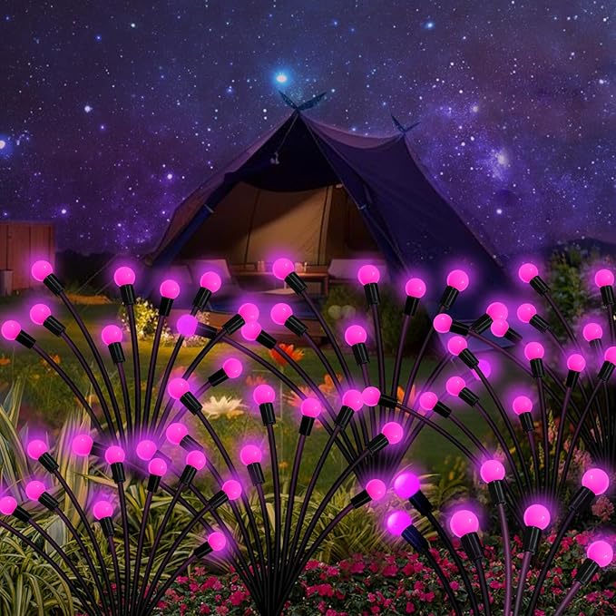 Kohlrabi Solar Garden Lights Outdoor, 4 Pack 32 LED Solar Pink Firefly Lights Waterproof, Starburst Wind Swaying Light for Outside Yard Patio Planter Flower Bed Walkway Christmas Decoration