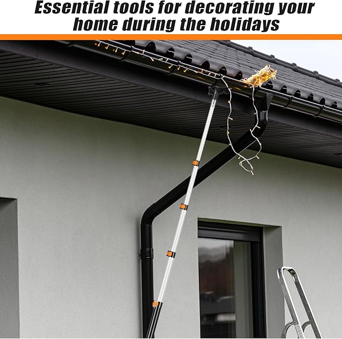 4.3-18 ft Telescopic Extension Pole with Utility Hook, Multi-Purpose Aluminum Pole for Painting, Dusting and New Year Window Cleaning Christmas Lights Installation Without a Ladder(Orange)
