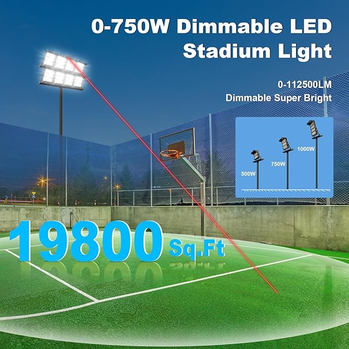 112500LM Led Stadium Light Dimmable 0-750w Super Bright Led Arena Flood Lights Outdoor 100-277v 5000k Yoke U Mount IP66 Waterproof Outside Wall Light Commercial for Square, Golf Court, Port