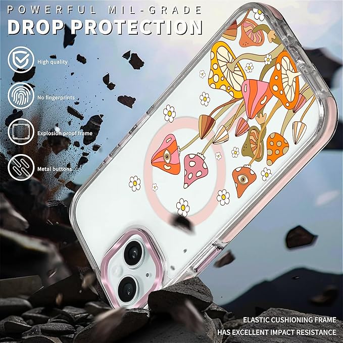 Case for iPhone 14 Plus/15 Plus,[Compatible with MagSafe],Retro Mushroom Sunflower Phone Case Design，for Women Girls Magnetic Clear Cover - Slim, Sleek, & Shockproof Protection