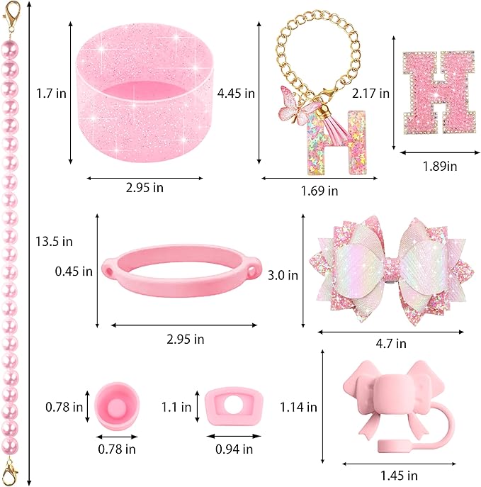 9PCS Pink for Stanley Cup Accessories Set Bling Initials Bow Charms for Stanley Decorations 30/40 Oz Tumbler Accessories Including Bow Straw Topper, Handle Strap, Spill Stopper（Letter H）