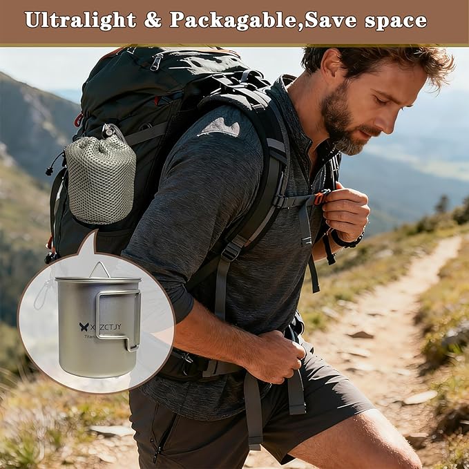 420ml Ultralight Titanium Tea Cup Coffee Mug With Lid Foldable Handle for Backpacking, Hiking Mountaineering