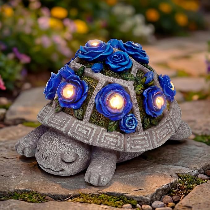Solar Garden Outdoor Decor Turtle Statue with Dark Blue Roses & 7 LED Lights – Outside Tortoise Decor for Yard Patio Balcony & Backyard - Home House Decoration Art- Gift for Women Mom & Grandma