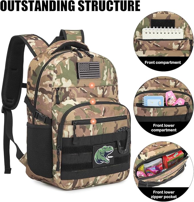 Kids Tactical Backpack Army Molle Bookbag Military Boys Backpack for School, Outdoor, Camping (Includes 2 Patches+1Carabiner), CM