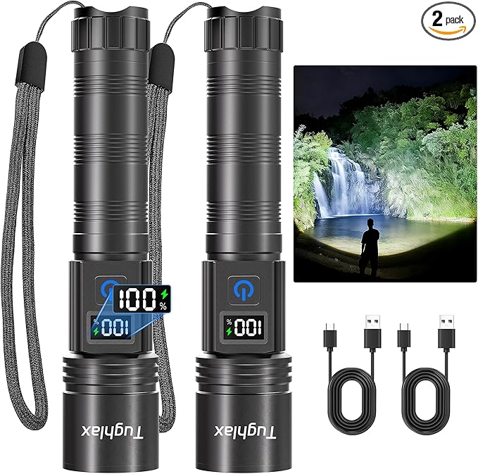 LED Rechargeable Flashlights 9900 High Lumens 2Pack, Super Bright Flashlight, Zoomable Powerful Camping Flashlights with LCD Digital Display, 5 Modes Waterproof Flash Light for Home