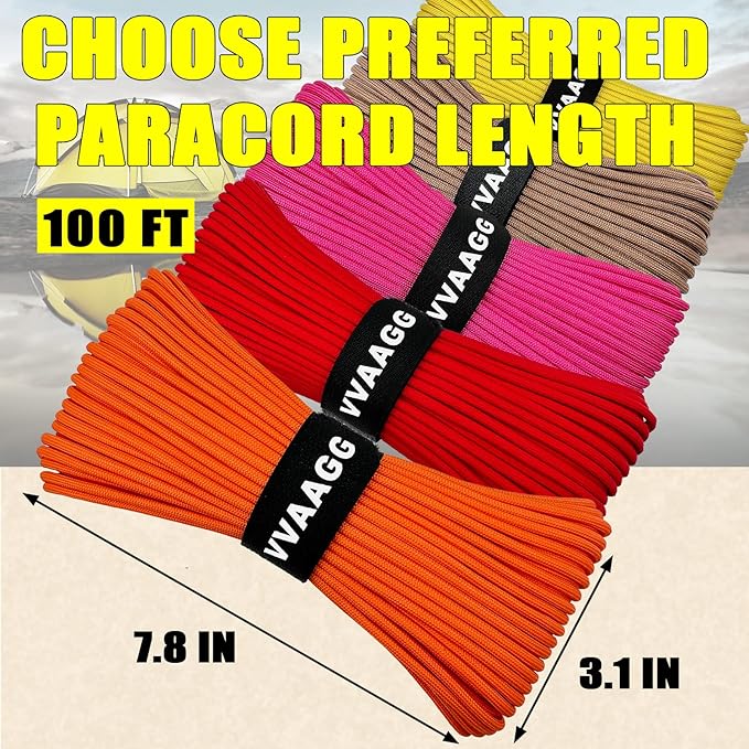 VVAAGG 1000 Orange Paracord100FT Utility Parachute Cord 4mm Nylon String12 Strand Nylon Camping Rope, Tent Rope, Clothsline Rope for Survival & Camping Gear