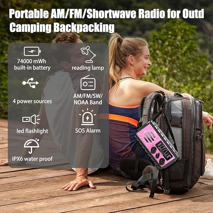 74000mWh Emergency Radio with NOAA Weather, Portable Hand Crank SW/AM/FM Survival Radio with Fast Charge Rechargeable Solar Battery, Flashlight, Reading Lamp,SOS Sirenor Home Outdoor(Pink)