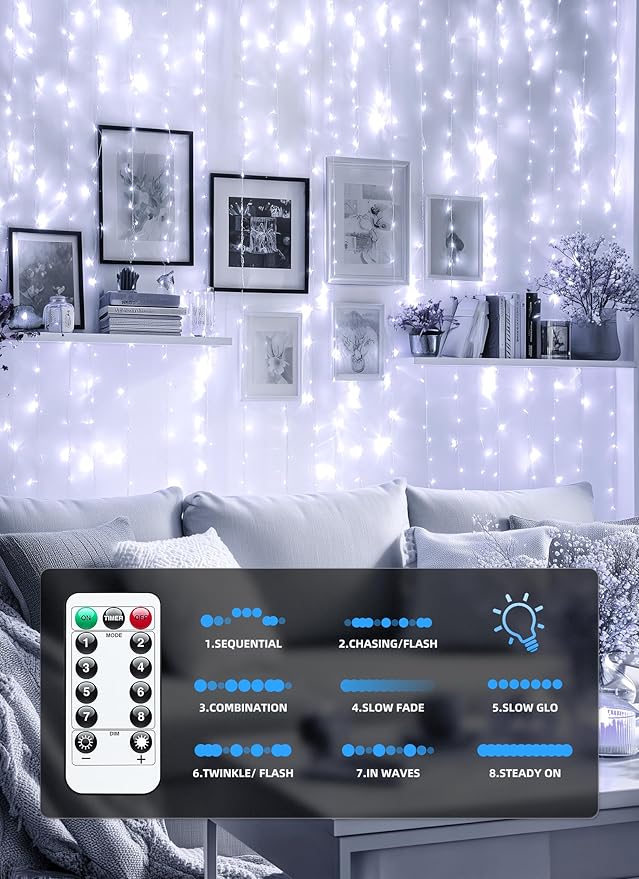 Brightown 300 LED Fairy Curtain Lights, 9.8ft x 9.8ft String Lights, USB Plug in 8 Lighting Modes Christmas String Hanging Lights with Remote for Bedroom Indoor Outdoor Party Xmas White 1 Pack