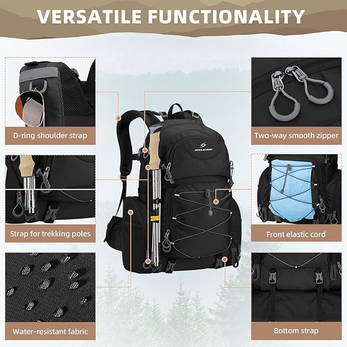 Maelstrom Hiking Backpack, 40L Waterproof Camping Daypack for Men and Women, Lightweight Travel Pack with Rain Cover (Black)