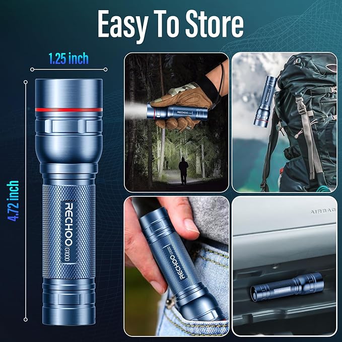 RECHOO Rechargeable Flashlights High Lumens, Super Bright Flash Light 2 Pack, Small Zoomable LED Flashlight with 3 Lighting Modes, Portable Tactical Flashlight for Camping Essentials (Blue)