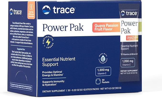 Trace Minerals | Power Pak Electrolyte Powder Packets | 1200 mg Vitamin C, Zinc, Magnesium | Boost Immunity, Hydration and Natural Energy | Guava Passionfruit | 30 Packets