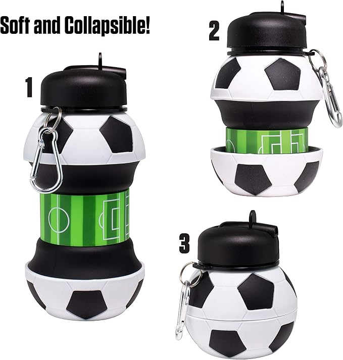 Maccabi Art Collapsible Silicone Soccer Ball Water Bottle for Kids, 18 oz BPA-Free with Clip, Leak-Proof Spout, Portable Sports Drink Bottle