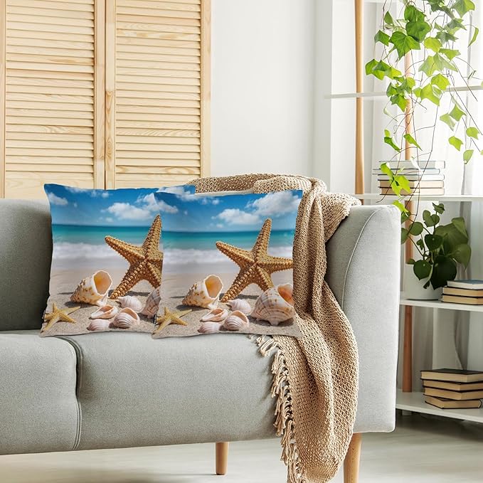 Swono Starfish Decorative Throw Pillow Cushion Covers, Ocean Beach Starfish Seashells Cosy Pillowcase Home Decor, Double-Sided Printed Pillow Covers for Bedroom Livingroom Office 18x18 Set of 2