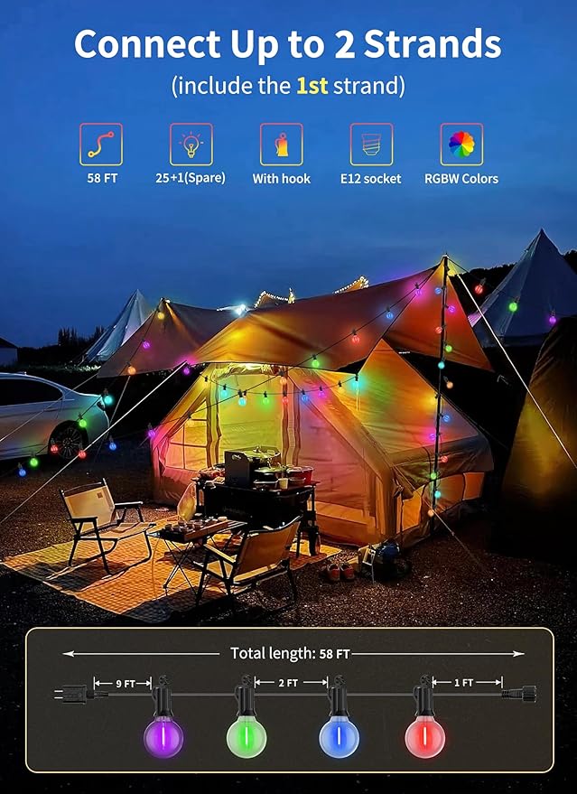 Brightown Outdoor String Lights 58 Feet G40 LED Patio Lights, 27 Plastic Edison Bulbs(2 Spare), Waterproof Connectable Hanging Light for Backyard Porch Balcony Party Decor, E12 Base, Multicolor