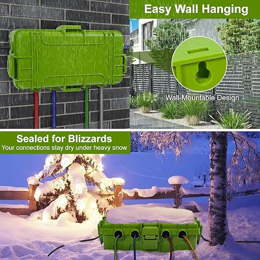 Medium Outdoor Electrical Box (11.6x5.2x4.1 inch), IP54 Waterproof Extension Cord Cover w/ 6 Cable Entry, Weatherproof Connection Box for Power Strip, Plug, Timer, Holiday Lights, Green