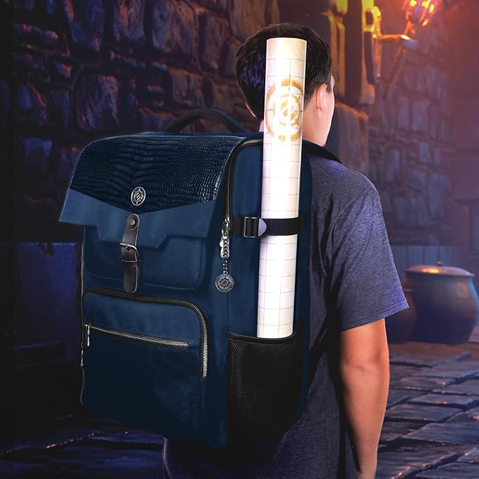 ENHANCE Collector's Edition DnD Backpack - RPG DM Bag for Dungeons and Dragons - DnD Bag fits 6-8 Books, 18" Laptop/DM Screen Slot, Miniature Foam Trays, Accessory Pockets, Map Strap (Dragon Blue)