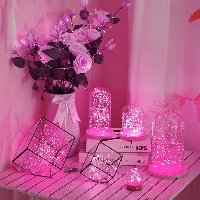 Lakumu Rechargeable String Lights Battery Operated, Battery Powered Copper Wire Fairy Lights with Timer, Mini LED Twinkle Lights for Bedroom, Christmas, Wedding, Centerpiece Table Decor (5M/16FT Pink)