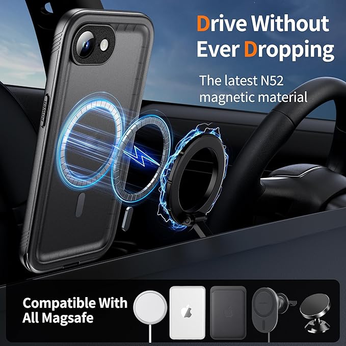 Cozycase TOP Military Shockproof IP68 Waterproof Case for iPhone 16e/iPhone 17e [Compatible with MagSafe] Heavy Duty 360 Full Body with Screen Camera Protector Double Dustproof Hard Tough Cover Black
