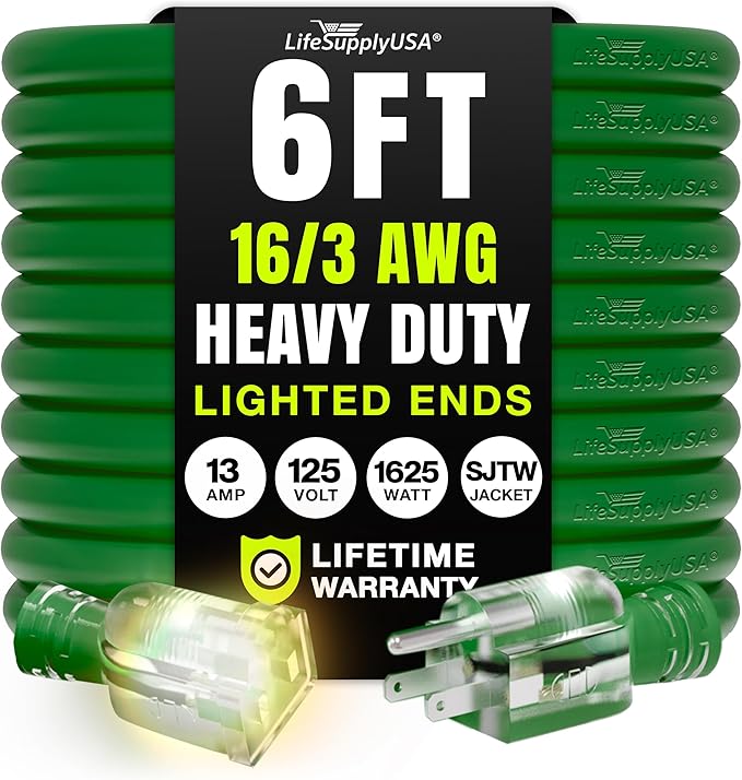 6ft Outdoor/Indoor Extension Cord 16/3 Gauge Heavy Duty 3 Prong SJTW, Waterproof, Flexible Cold-Resistant Long Power Cord,13A 125V 1625W, Green by LifeSupplyUSA