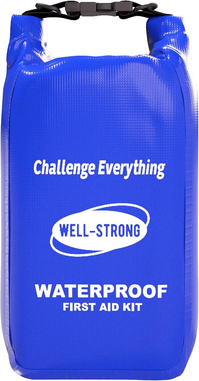 Boat First Aid Kit Waterproof, WELL-STRONG Marine Emergency Kit with Roll Top Dry Bag for Boating Fishing Kayaking – Water-Resistant Contents for Camping & Beach（Blue）