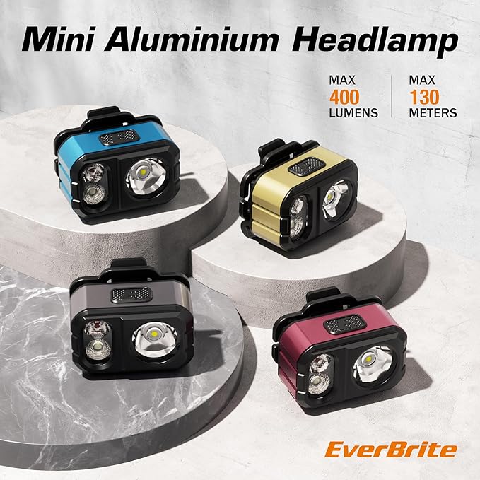 EverBrite 400LM Rechargeable Headlamp, 1.59 oz Lightweight & Comfortable Head Lamp with Hat Clip, IP67 Waterproof, White/Red/Green Light, 7 Modes for Running, Camping and Backpacking-Grey