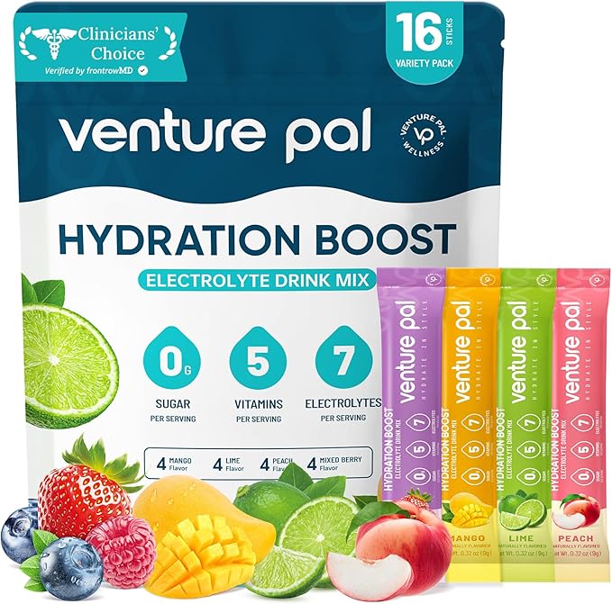 Venture Pal Sugar Free Electrolyte Powder Packets - Liquid Daily IV Hydration Packets | Electrolytes Drink Mix with 5 Vitamins & 7 Electrolytes | Keto Friendly | Non-GMO | Certified Vegan | 16 Sticks