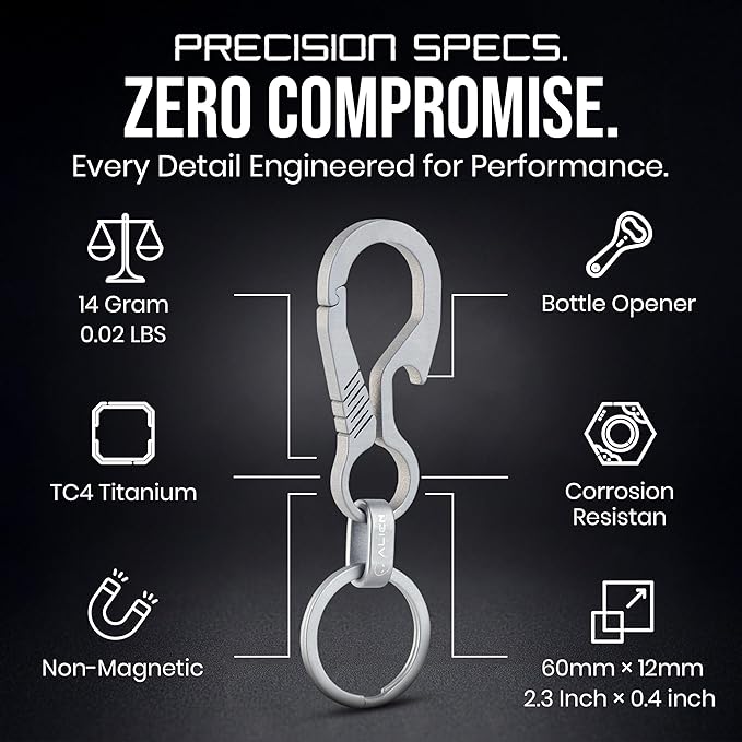 Titanium Carabiner Keychain Hook – Ultra-Light and Strong 2-Pack EDC Carabiner Clips – Aerospace Titanium Carabiner with Bottle Opener – No-Snag No-Hinge Single Body Design