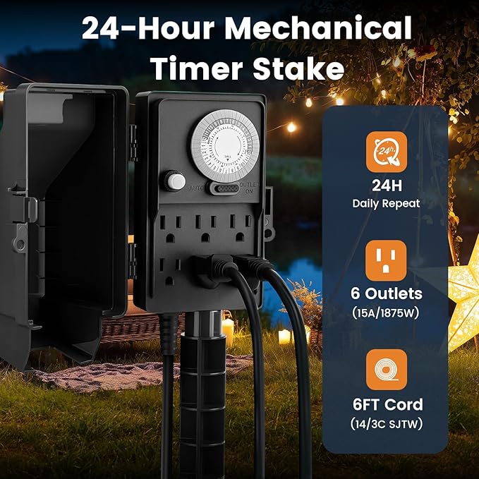 SURAIELEC Outdoor Power Stake, 24-Hour Mechanical Light Timer, Electrical Power Strip Weatherproof, 6FT Extension Cord Multiple Outlets Plug for Patio Lights, Halloween Decorations. Outdoor Light