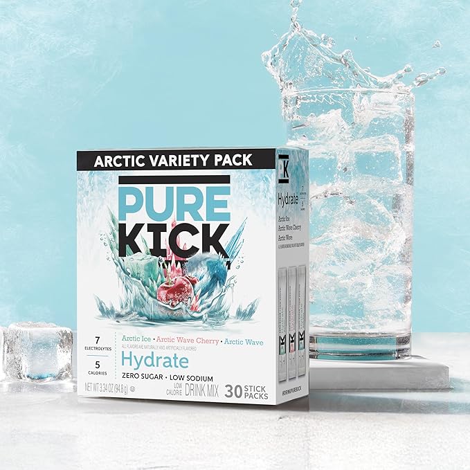 Pure Kick Arctic Variety pack Singles to Go Powdered Drink Mix, Arctic Wave, Arctic Wave Cherry, Arctic Ice, 30 Count Packets
