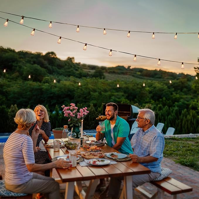 BLIATLUS 100FT Super Bright Solar String Lights Outdoor Waterproof with Remote Control 30+2 Shatterproof LED ST38 Bulbs for Porch Garden Market Bistro Patio Backyard Fence