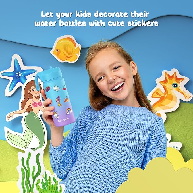 Kids Water Bottle, 16oz Kids Water Bottle with Stickers for School, insulated Stainless Steel Straw Cup(Blue/Purple)