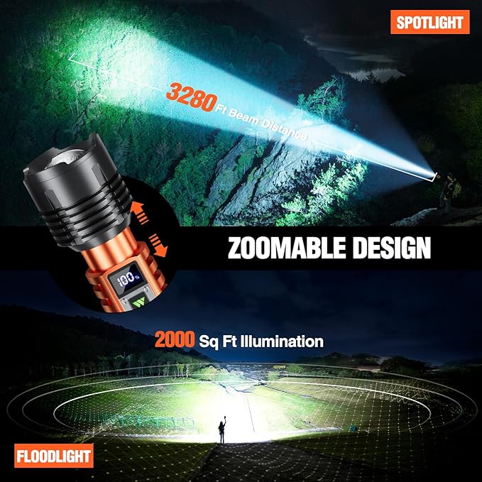 Wdtpro Rechargeable LED Flashlights High Lumens, Super Bright 90,000LM Rechargeable Flashlight with LCD Display, 5 Modes & Waterproof Powerful 10000mAh Handheld Flashlight for Camping Emergency Orange