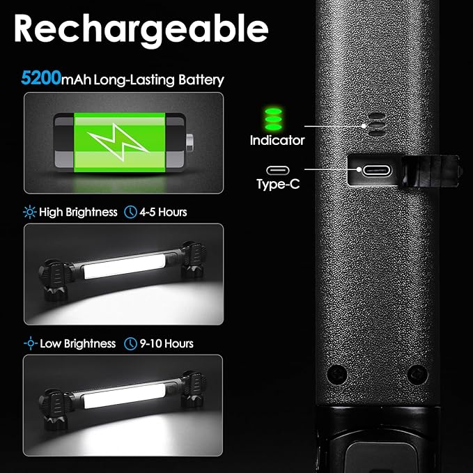 Work Light, 2500LM Ultra Bright, 5200mAh Rechargeable LED Work Lights, Magnetic Underhood Work Light Bar with Hooks, Portable Mechanic Light for Car Repairing Inspection Garage Workshop Emergency