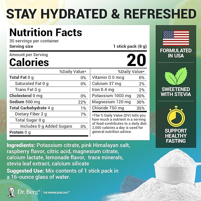 Dr. Berg Sports Hydration Electrolytes Powder w/More Salt (Pink Himalayan) - 30 Keto Electrolytes Powder Packets w/a Delicious Salty Raspberry & Lemon Flavor - Includes 1,000mg of Potassium