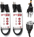2-Pack 3ft Black Extension Cord, 16/3 SJTW Heavy-Duty Power Cable, UL Listed, Weather-Resistant Cable for Indoor & Outdoor Use, 13 Amp/1625 Watt Capacity – 3 Prong Single Outlet Extension Cord