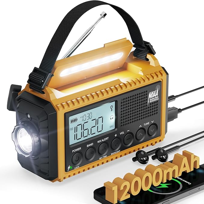 Emergency Radio,Hand Crank NOAA Weather Radio with 12000mAh Rechargeable Battery, LCD Display,Auto Alert,AM/FM/Shortwave,SOS,USB Charging Port,Flashlight,Portable Solar Radio for Power Outage/Survival