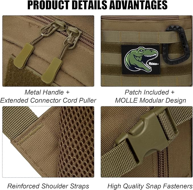 Kids Tactical Backpack Army Molle Bookbag Military Boys Backpack for School, Outdoor, Camping (Includes 2 Patches +1 Carabiner), Brown