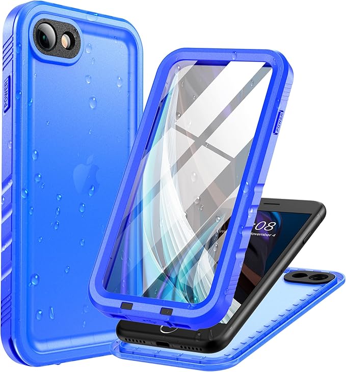 Cozycase Waterproof Case for iPhone SE 3rd 2022/iPhone SE 2nd 2020/iPhone 7/8 - Shockproof Full Body Rugged Case with Built-in Screen Protector Waterproof Case for iPhone SE3/SE2/7/8 (Frosted Blue)