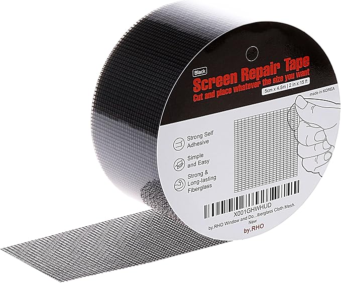 by.RHO Screen Repair Tape – Strong Self-Adhesive Window & Screen Door Repair Kit, Fiberglass Screen Patch 2"×15ft, Easy Cut and Apply, Indoor-Safe Adhesive, All-Weather (Black)