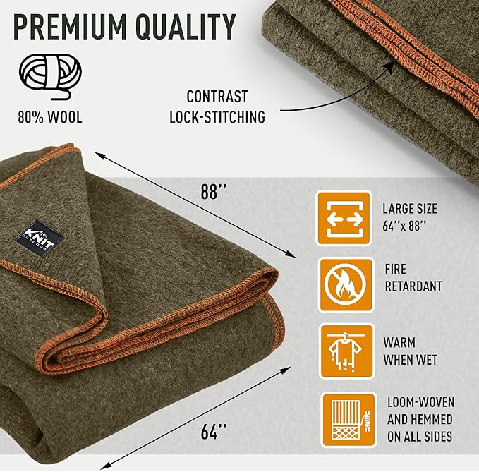 Large Military Wool Blanket - Warm & Thick Emergency Survival Blanket Great for Camping, Outdoors, Sports Events, Picnics, 4.5 lbs, 64" x 88" (Olive Green)